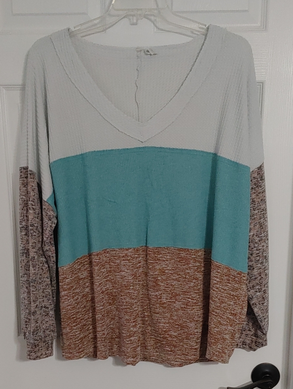 Plus Size Waffle Knit Top with Colorblock & Mixed Media Sleeves Cabincore Casual